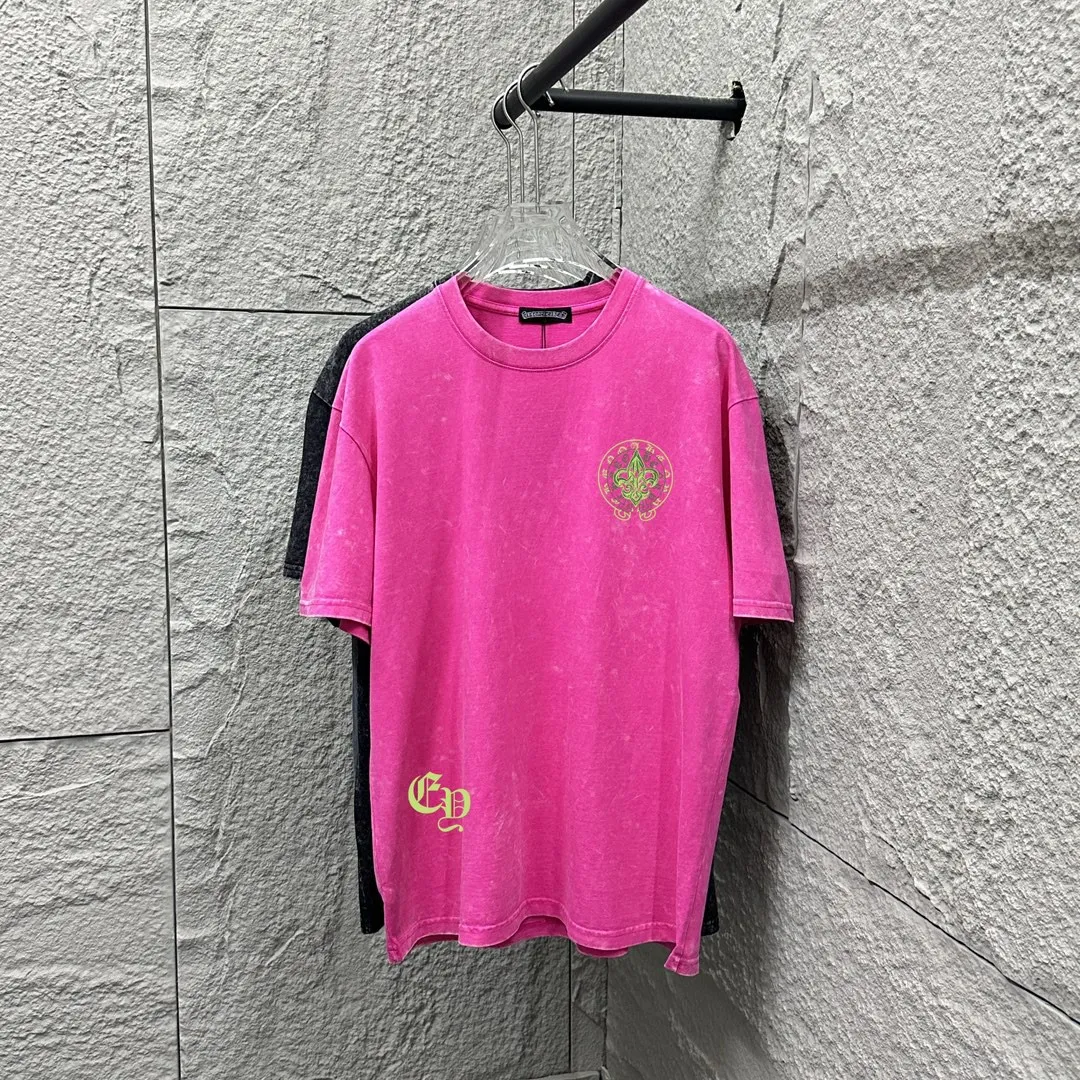 🅿️180 CH* Crow Heart* 2025 spring and summer new style Snowflake distressed washed retro round neck short sleeves Chest and front logo Horseshoe print on front and back Customized fabric Short-sleeved T-shirt Unisex Size: S M L XL XXL Color: Snowflake Black Snowflake Gray Snowflake Pink Snowflake Blue